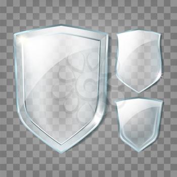 Glass Shields Transparency Blank Badges Set Vector. Glass Shields In Different Shape, Cyberspace Protection, Healthcare Medicine Logo Or Safeguard Accessories. Template Realistic 3d Illustrations