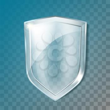 Glass Shield Transparency Security Panel Vector. Blank Glass Shield, Cyberspace Or Computer Protection System Decoration Badge. Antivirus Logotype Template Realistic 3d Illustration