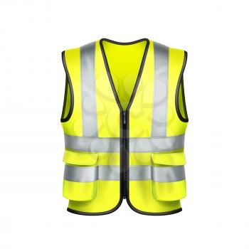 Safety Vest Driver Protection Clothing Vector. Yellow Safety Vest Driving Car Clothes Accessory And Wearing For Protect Life On Street. Protective Jacket Clothing Mockup Realistic 3d Illustration