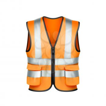 Safety Vest Builder Protection Clothes Vector. Orange Safety Vest With Fluorescent Stripe For Industrial Building Worker. Engineer Protective Jacket Template Realistic 3d Illustration