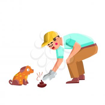 Man Cleaning Up After Dog Animal In Park Vector. Boy Clean Up After Dog Domestic Pet Outdoor And Throwing Bag With Poo Waste In Public Trashcan. Character Flat Cartoon Illustration