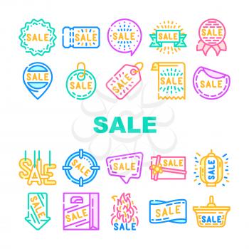 Summer Sale And Season Discount Icons Set Vector. Summer Sale Banner And Ribbon, Quote Frame And Present Gift Coupon, Label And Trinket, Lighting Lantern And Ceiling Lamp Line. Color Illustrations