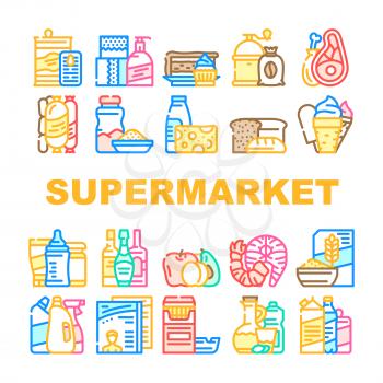 Supermarket Selling Department Icons Set Vector. Bakery And Dessert, Preserves And Canned Food, Meat And Seafood, Domestic Chemical Liquid And Detergent Supermarket Product Line. Color Illustrations