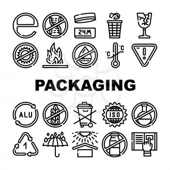 Packaging Industrial Marking Icons Set Vector. Fragile And Protect From Heat, Flammable And Water Care Mark For Packaging, Iso Standard And Hazardous Product Sign Contour Illustrations