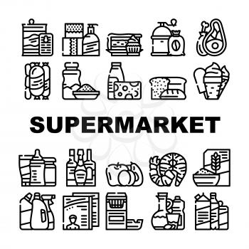 Supermarket Selling Department Icons Set Vector. Bakery And Dessert, Preserves And Canned Food, Meat And Seafood, Domestic Chemical Liquid And Detergent Supermarket Product Contour Illustrations