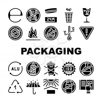Packaging Industrial Marking Icons Set Vector. Fragile And Protect From Heat, Flammable And Water Care Mark For Packaging, Iso Standard And Hazardous Product Sign Glyph Pictograms Black Illustrations