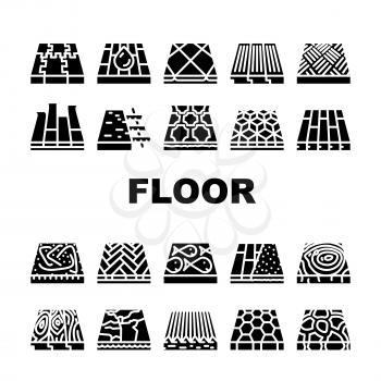 Floor Material Layers Renovation Icons Set Vector. Tile And Parquet, Stone And Wooden Floor Material, Linoleum And Carpet, Children Play Room Sport Ground Flooring Glyph Pictograms Black Illustrations