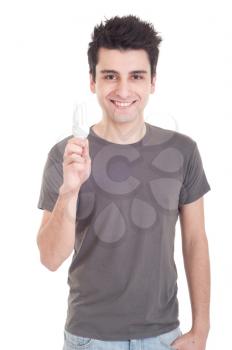 Royalty Free Photo of a Man Holding a Light Bulb 