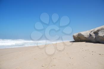 Royalty Free Photo of a Beach Scene at Praia del Rey, Portugal