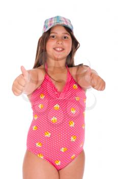 Royalty Free Photo of a Girl in a Swimsuit Giving a Thumbs Up