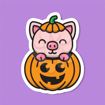 Vector illustration of a piglet inside of a pumpkin