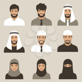 set of flat muslim avatars, vector arab people icon, saudi characters