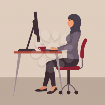 muslim woman at work, vector arab business character at desk in office using computer, saudi cartoon businesswoman