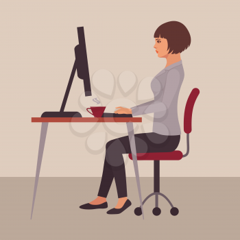 secretary at desk, office  business worker, woman working on computer, vector illustration
