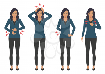  vector illustration of a sick woman with ache problems, head chest back and stomach pain 