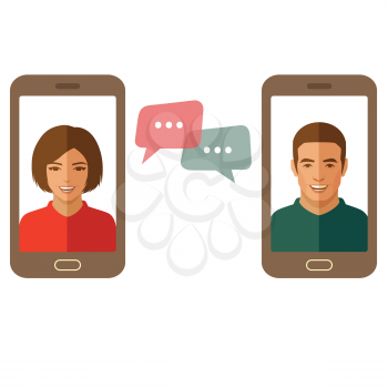 Online chat man and woman. Couple chat on a cell phone. Cartoon man and woman. Flat vector design.