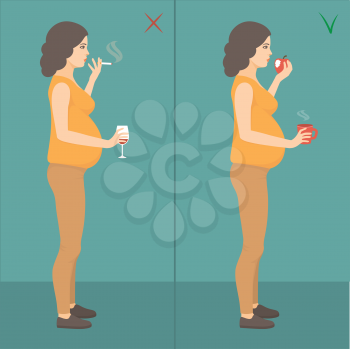 vector illustration of bad mother, prehnant woman smoking cigarette and drinking alcohol. healthy prehnancy lifestyle