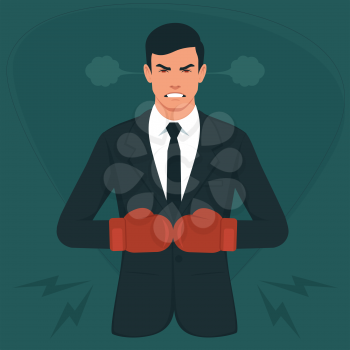Man in boxing gloves vector illustration, Angry businessman