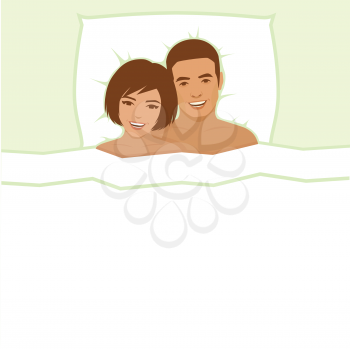 vector illustration, happy couple in bed, man and woman