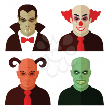 cartoon horror characters, evil clown, scary devil, creepy zombie, dracula vampire 
