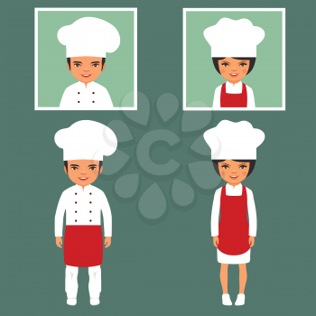 Set Cartoon Chief Cook Character. White Restaurant Profession Uniform. Modern Flat Design Vector Illustration