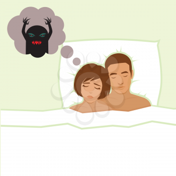 nightmare, vector cartoon illustration of woman having bad dreams