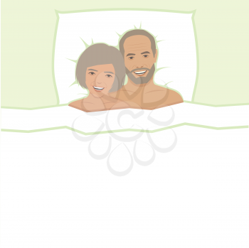 vector illustration, happy couple in bed, man and woman