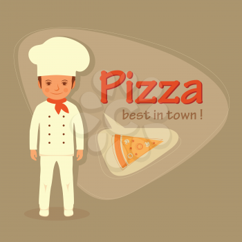 cook profession, pizza slice retro illustration, vector chef