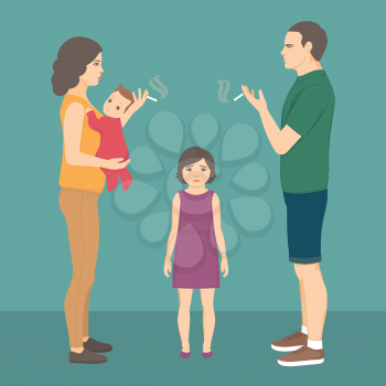 
vector illustration of smoking parent. baby, child health. father smoke cigarette, addiction 