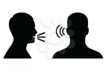 vector illustration of a listen and speak icon, voice or sound symbol, man head profile and back