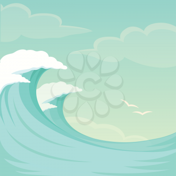 vector illustration of sea waves, ocean wave background, water and summer sky