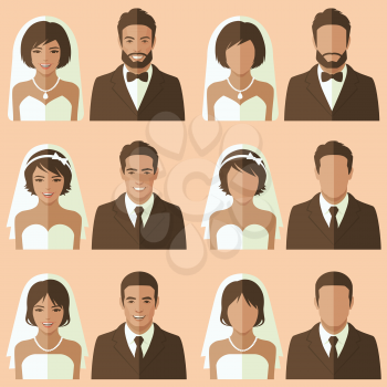 wedding face avatar, vector groom and bride portrait