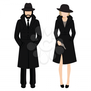 

Vector illustration of a detective spy man and woman character. private ivestigation agent. mafia gangster