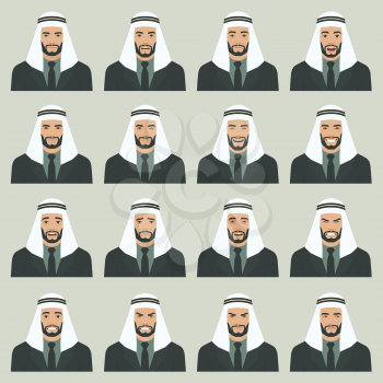  vector illustration of a arabic face expressions, set of a different muslim face expression, cartoon  arab character, saudi man