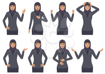 
 vector illustration of a arabic woman character expressions with hands gesture, cartoon muslim businesswoman wit different emotion