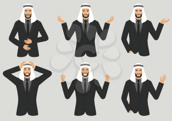 vector illustration of a arab man character expressions with hands gesture, cartoon muslim businessman wit different emotion