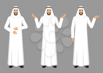  vector illustration of a arab man character expressions with hands gesture, cartoon muslim businessman wit different emotion 