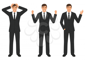  vector illustration of a man character expressions with hands gesture, cartoon businessman wit different emotion 