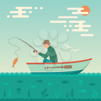 Vector illustration of a cartoon fisherman, man catch fish on fishing rod 