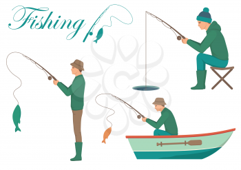 Vector illustration of a fisherman icon, man cath fish on fishing rod 
