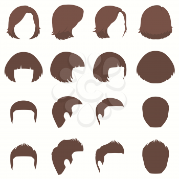 woman and man hair, vector hairstyle silhouette, front back and side view