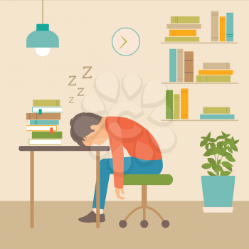 sleeping boy at school, book on desk, vector illustration of sleep, 