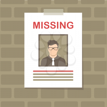  vector illustration of a missing person, graphic wanted poster, lost anonymous man
