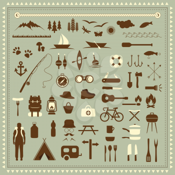 vector set camping icons, travel equipment, tent, compass 