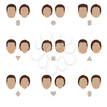 set of flat face shape, vector people icon, head silhouette type