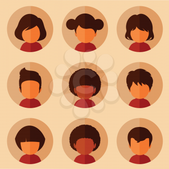 set of cartoon avatars, vector kids characters, boys and girls faces illustration
