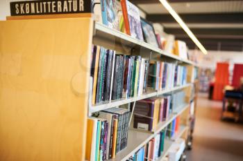 Closeup of a bookshelf in a school library