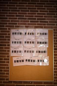 Piano notes on brown board in classroom