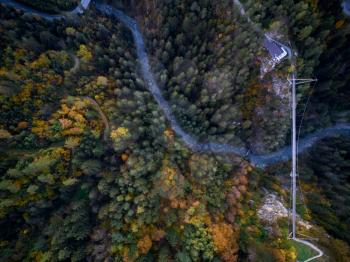 drone shot view of beautiful forest with a road