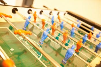 Closeup of table football with red and blue men
